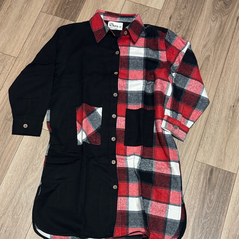 Rhea NWT L/XL Black Red Plaid Button-Up LONG SHACKET midi dress 100% cotton